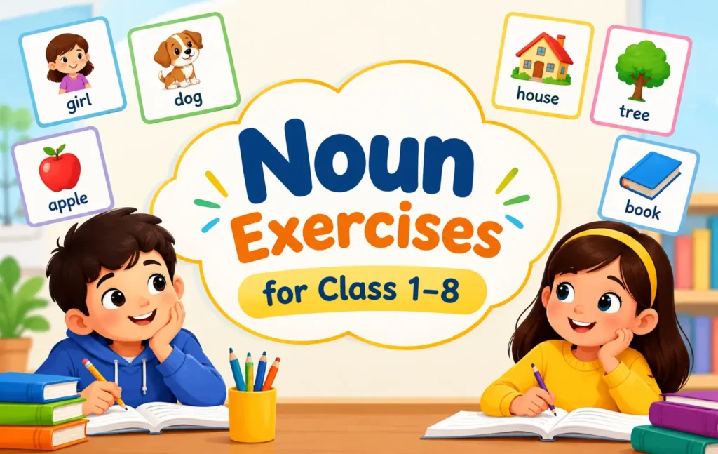 Noun exercises worksheet for Class 1–8 students showing examples of common, proper, and collective nouns