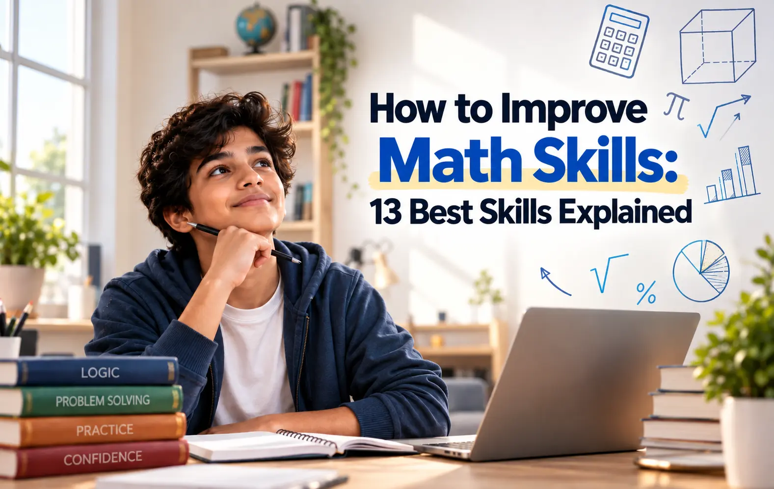 How to Improve Math Skills: 13 Best Skills Explained, featuring a student studying mathematics with books, a laptop, and math concepts.