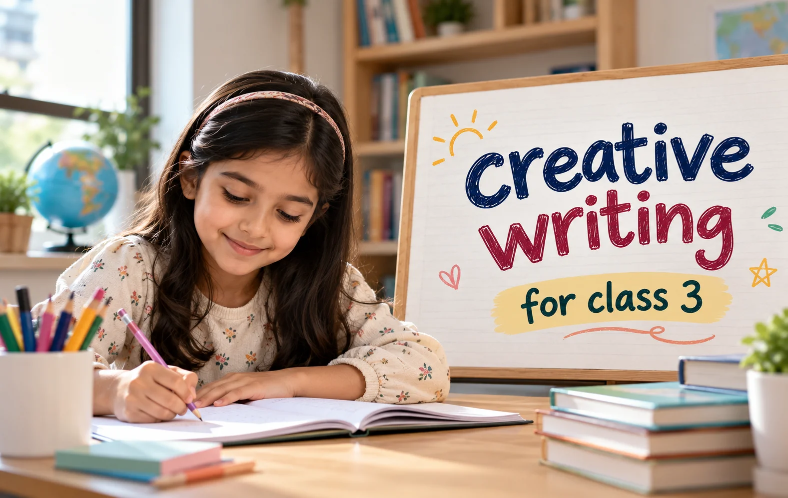 Creative writing for class 3 with a child writing stories in a cozy learning environment