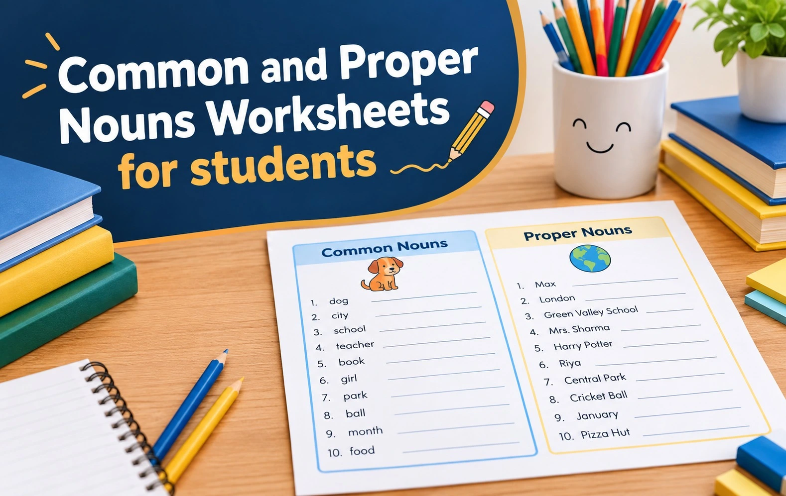Common and proper nouns worksheets for students with grammar exercises and examples
