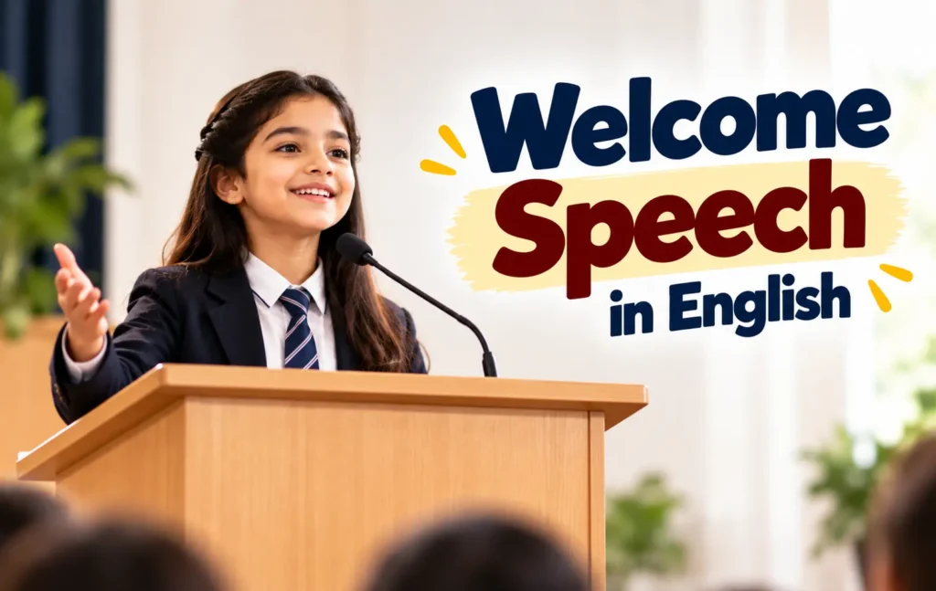 Welcome speech in English for students, featuring a schoolgirl delivering a speech confidently at a podium.