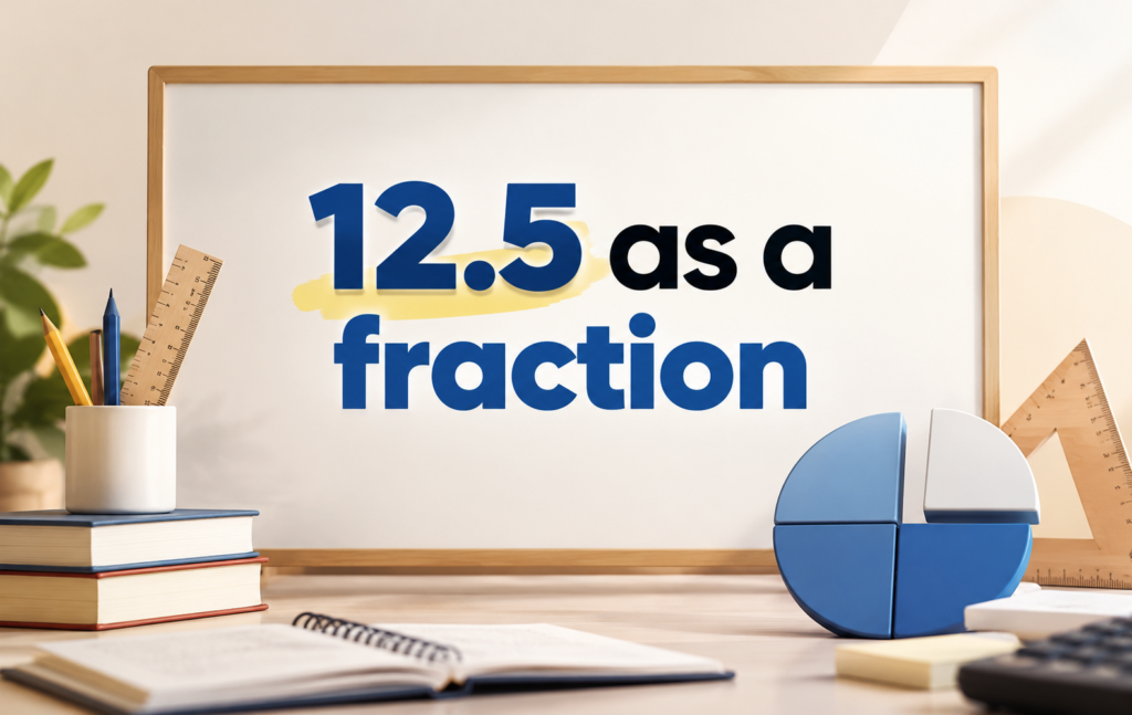 Educational image illustrating 12.5 as a fraction with bold typography, a fraction pie chart, and classroom learning materials.