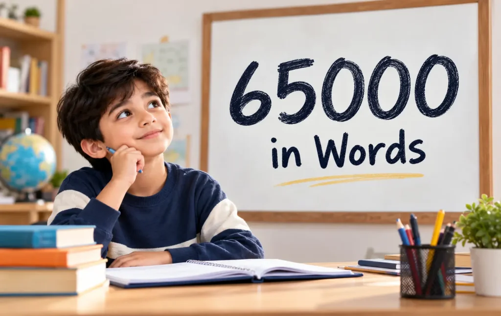 65000 in Words educational graphic featuring a student learning number names in a classroom.