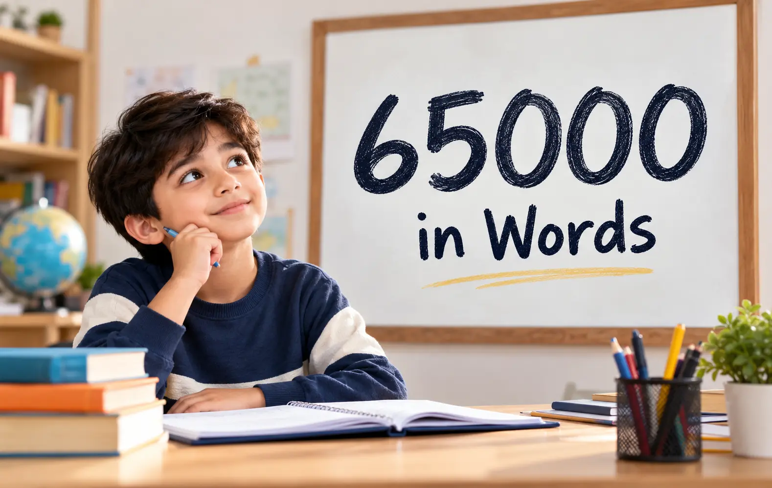 65000 in Words educational graphic featuring a student learning number names in a classroom.