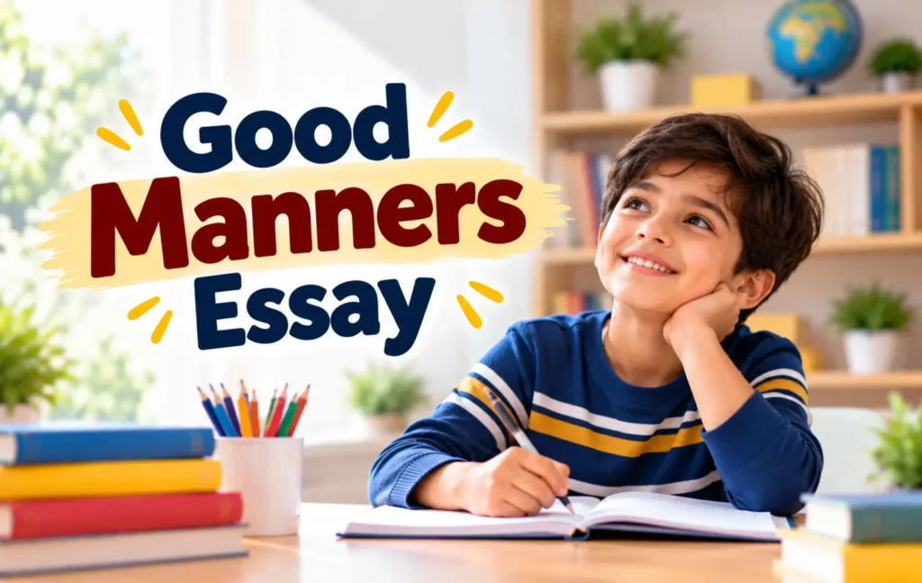Good manners essay for students, featuring a young schoolboy learning and writing at his study desk.