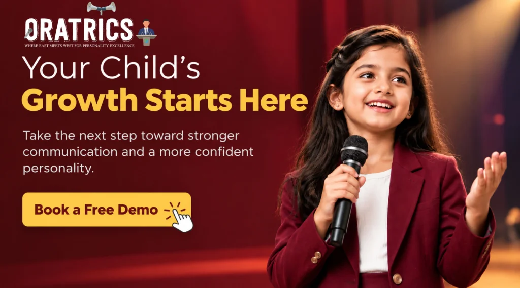 Young girl holding a microphone on stage with Oratrics branding and the message “Your Child’s Growth Starts Here,” promoting communication and personality development.