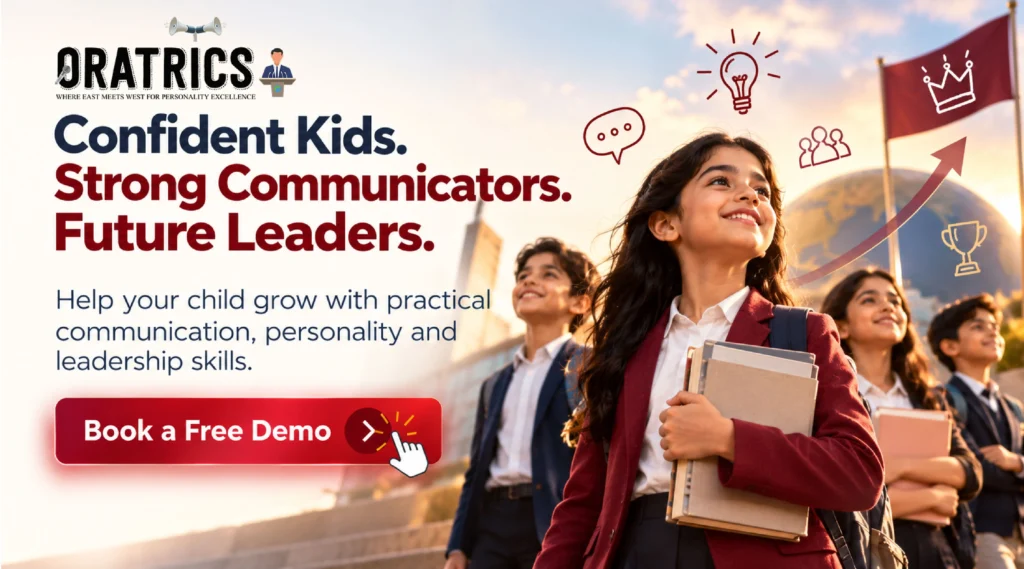 Confident school students representing Oratrics public speaking and leadership programs for kids, with the message “Confident Kids. Strong Communicators. Future Leaders.”