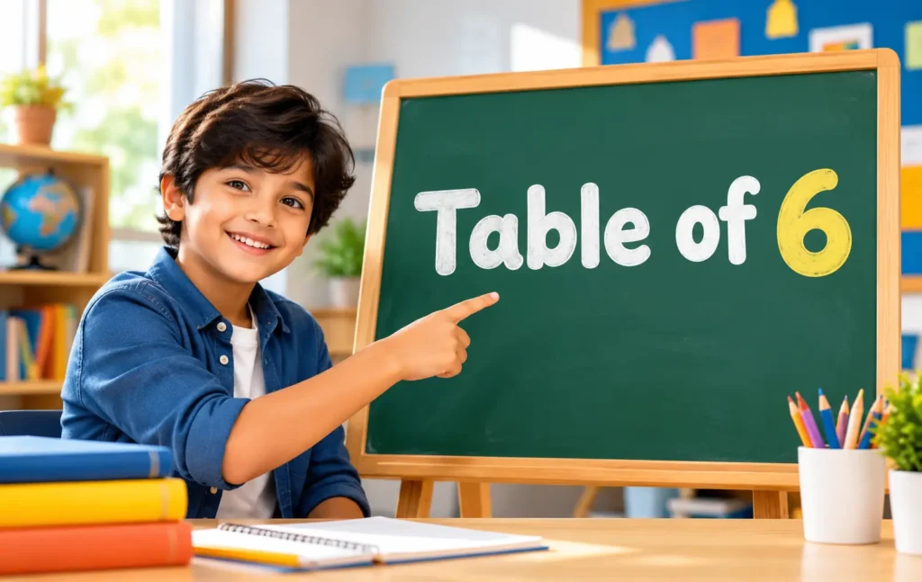 Table of 6 multiplication chart displayed on a classroom chalkboard with a smiling young student.