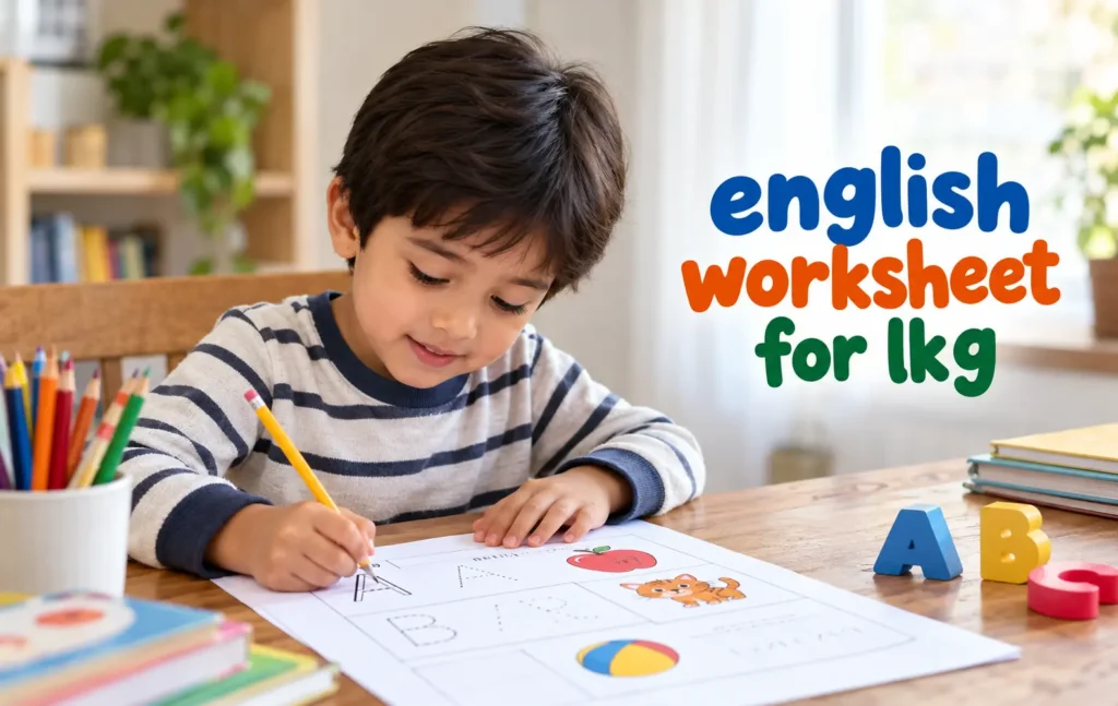 English worksheet for LKG students with alphabet tracing and fun learning activities.