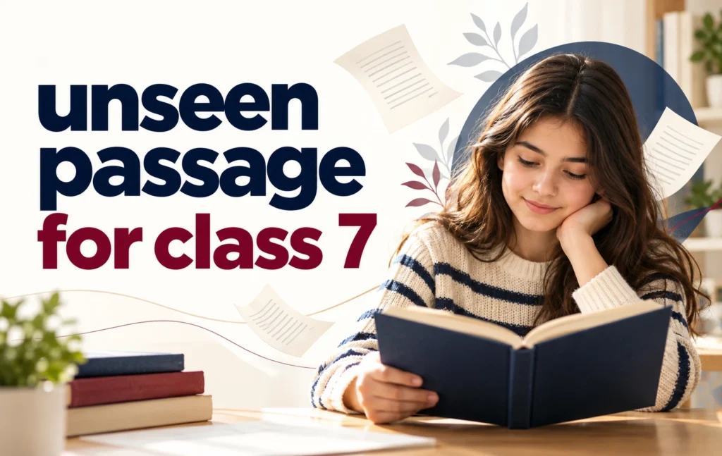 Unseen passage for class 7 featuring a student reading a book to improve English reading comprehension skills.