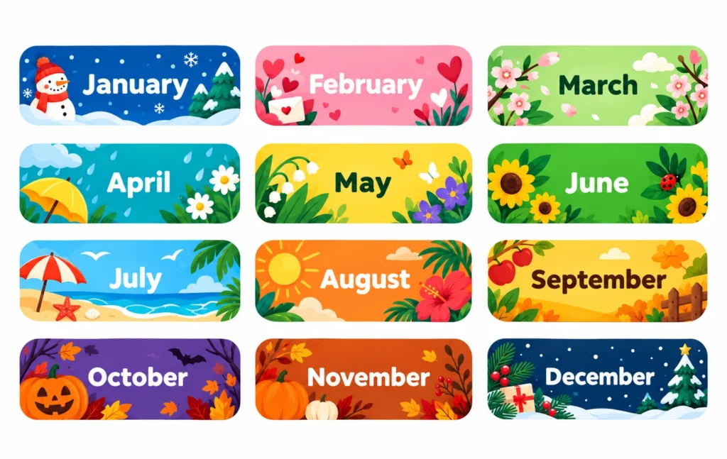 Months name in English from January to December displayed in a colorful chart with seasonal illustrations.