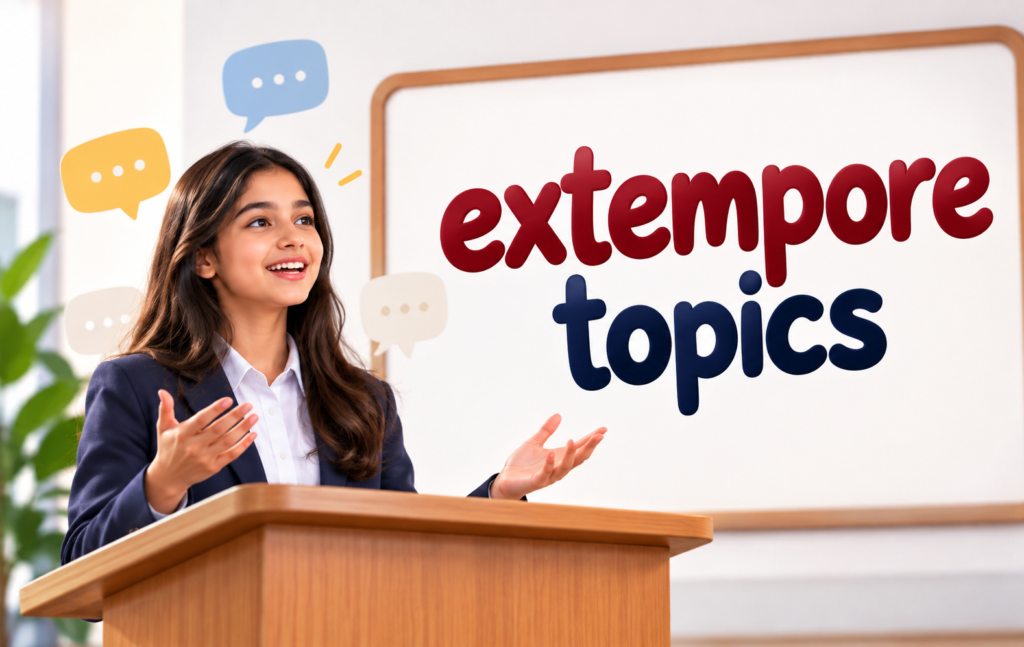 Student confidently delivering an extempore speech on stage, exploring extempore topics to improve public speaking and communication skills.
