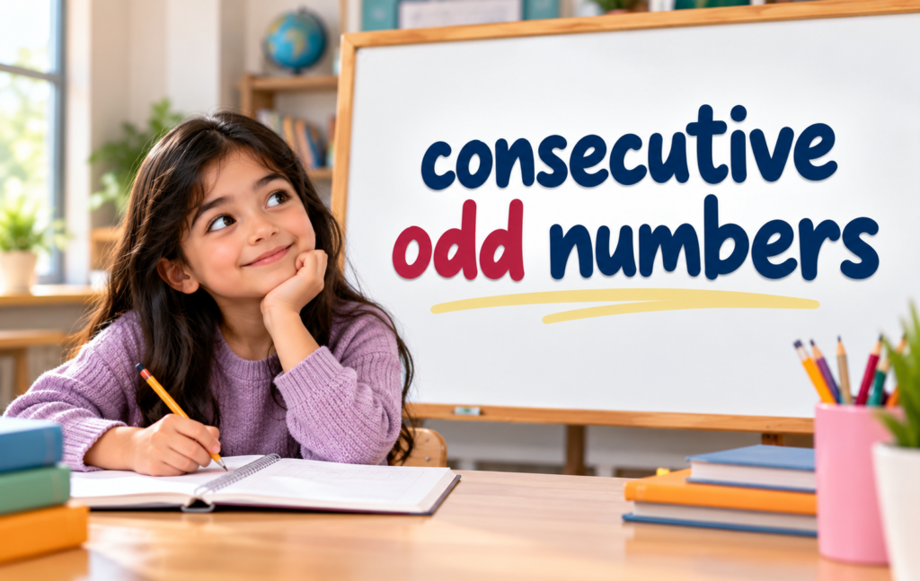 Consecutive odd numbers explained with a student studying mathematics in a classroom.