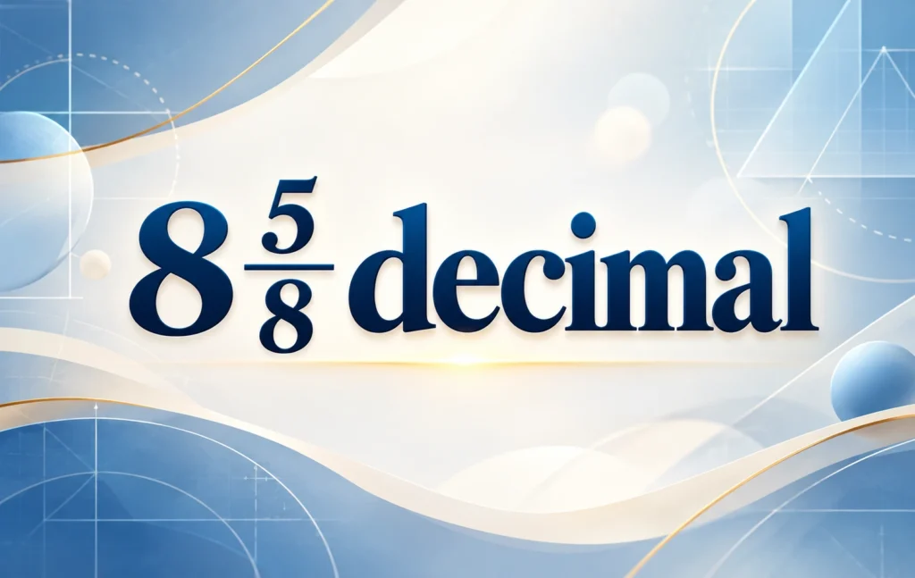 Educational math illustration showing 8 5/8 decimal with a professional blue background and geometric mathematical elements.