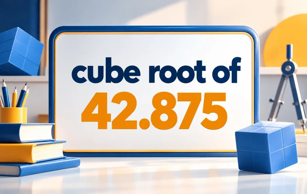 Educational illustration showing the cube root of 42.875 with 3D cubes, books, and mathematical tools to help students understand cube roots.