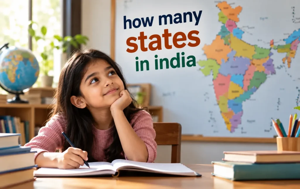 How many states in India, illustrated with a colorful map of India and a student learning geography.