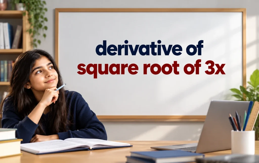 ducational image illustrating the derivative of square root of 3x, featuring a student studying calculus with a whiteboard, notebook, and laptop.