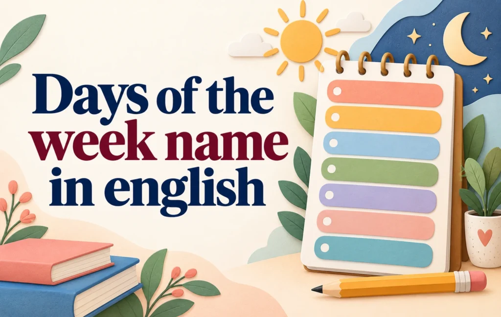 Colorful educational illustration featuring the week name in English, a seven-day calendar, books, and a pencil to help children learn the days of the week.