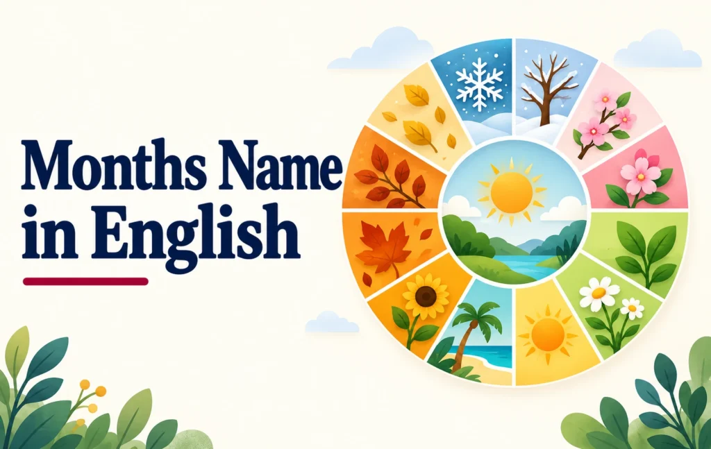 Months name in English with a colorful circular illustration showing all 12 months through different seasons.