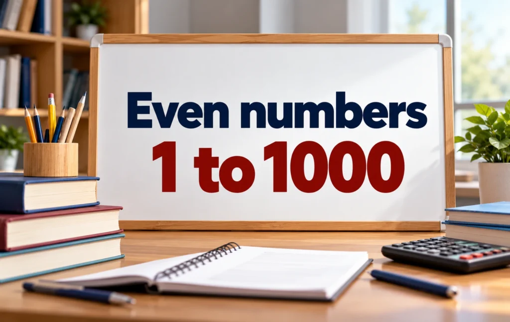 Educational image showing the topic Even Numbers 1 to 1000 on a classroom whiteboard, surrounded by books, pencils, a notebook, and a calculator.