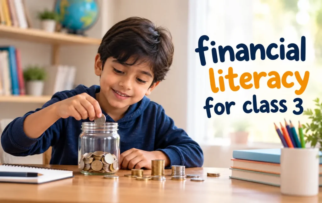 A young boy learning to save money in a coin jar with the title “Financial Literacy for Class 3.”