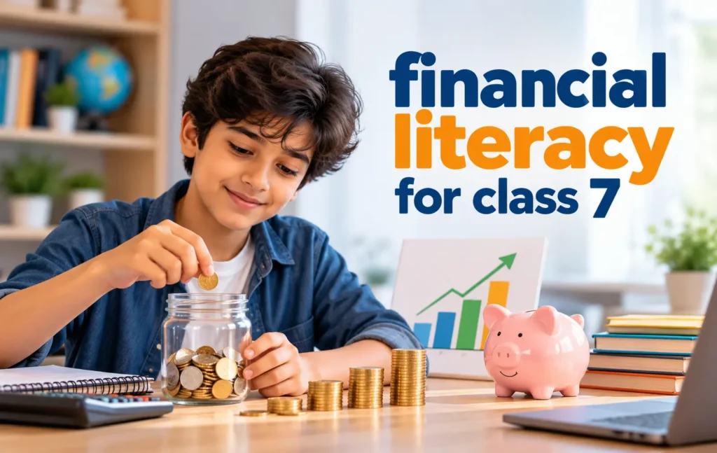 A Class 7 student learning financial literacy by saving coins in a jar, with a piggy bank, calculator, and money growth chart on a desk.