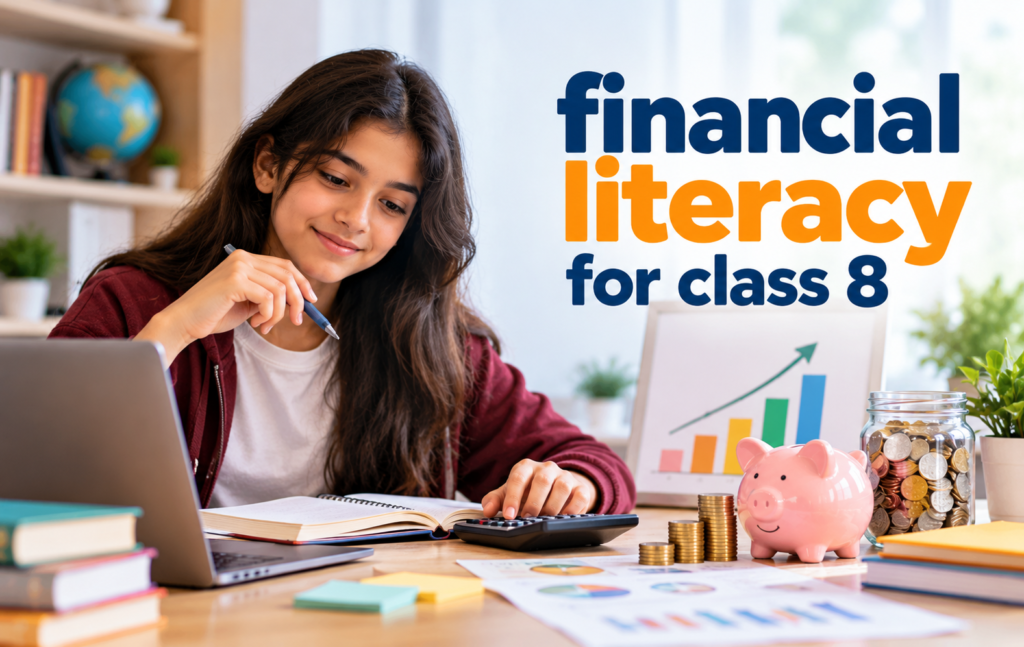 A Class 8 student learning financial literacy with a calculator, savings jar, piggy bank, coins, and a financial growth chart on a study desk.
