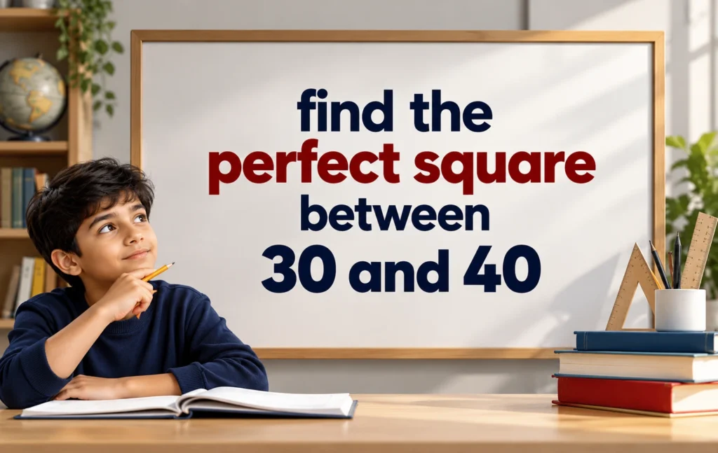 Educational image showing a student learning how to find the perfect square between 30 and 40, with a whiteboard and classroom materials.