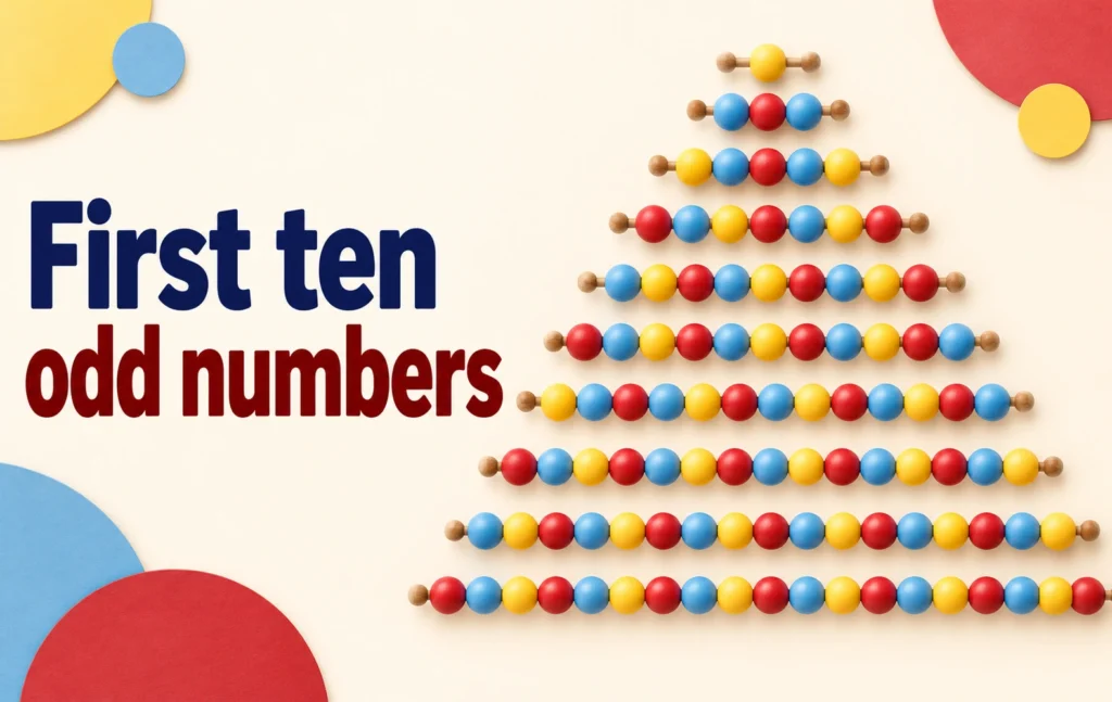 First ten odd numbers illustrated using colourful counting beads arranged in rows to help students understand odd numbers in mathematics