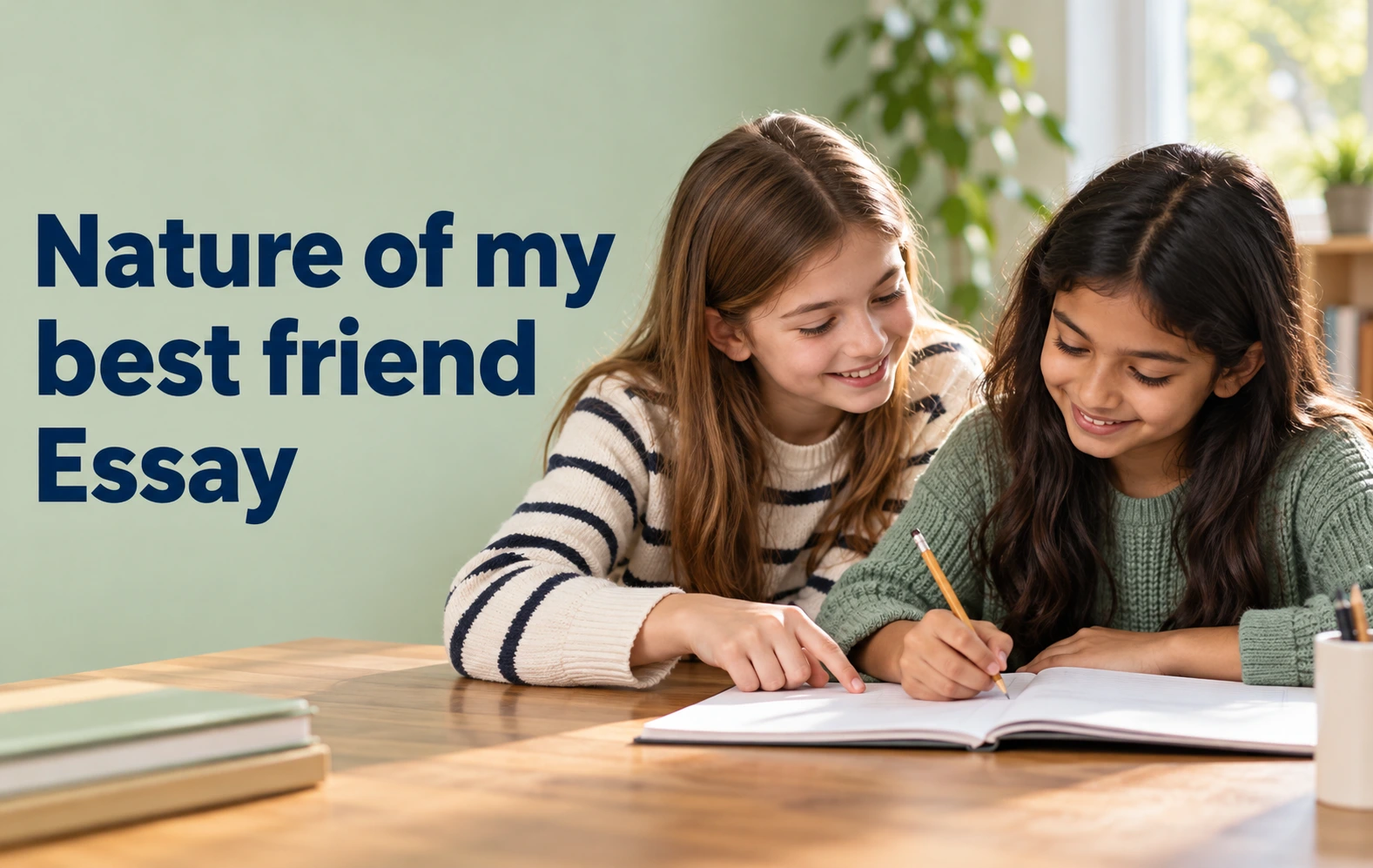 Nature of my best friend essay illustrated by two smiling girls helping each other write in a notebook.