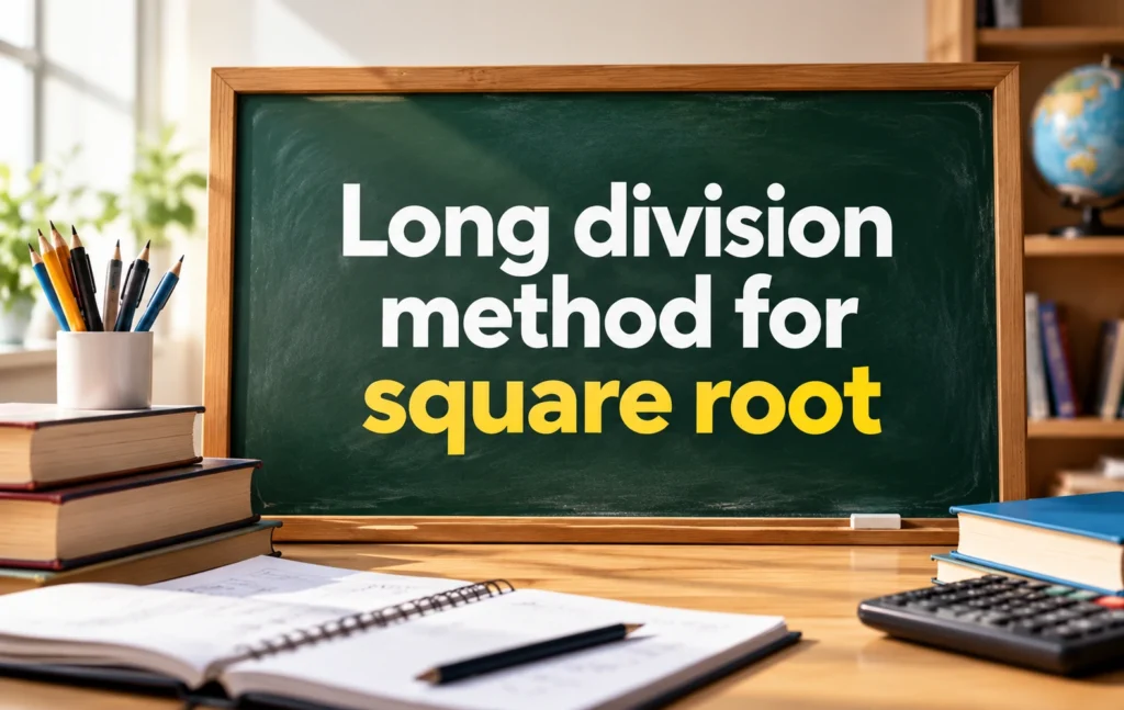 Educational image illustrating the long division method for square root on a classroom chalkboard, surrounded by books, pencils, a notebook, and a calculator.