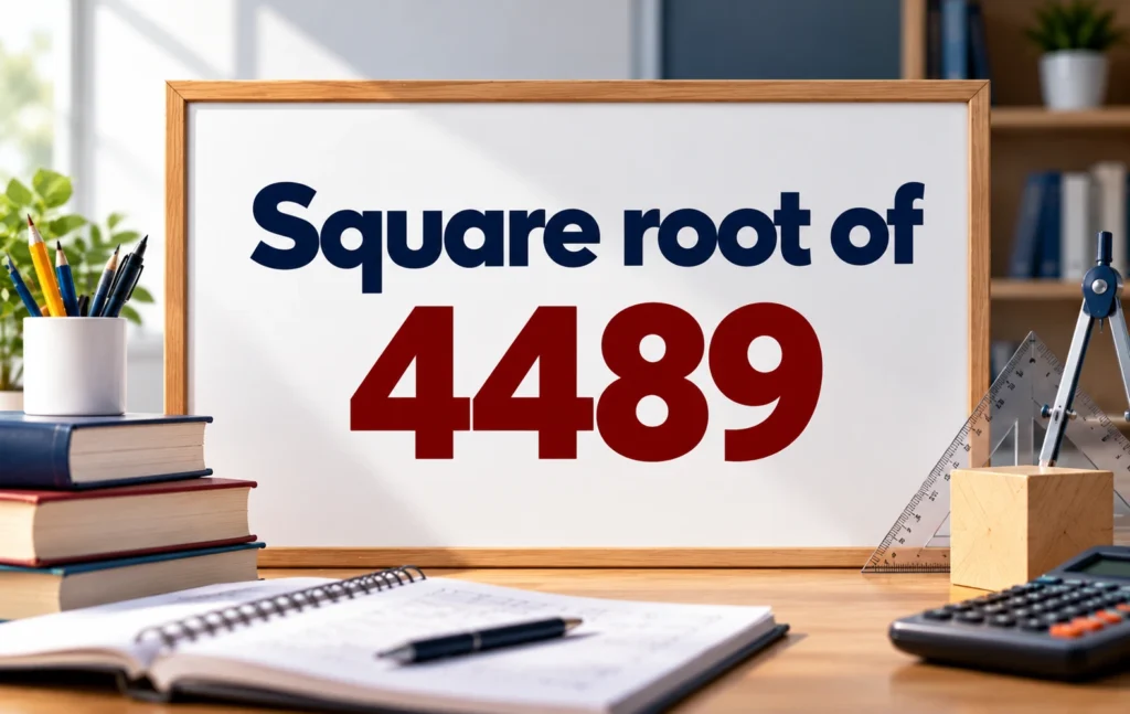Educational image showing the square root of 4489 on a classroom whiteboard, surrounded by books, a calculator, notebook, pencils, and mathematical tools.