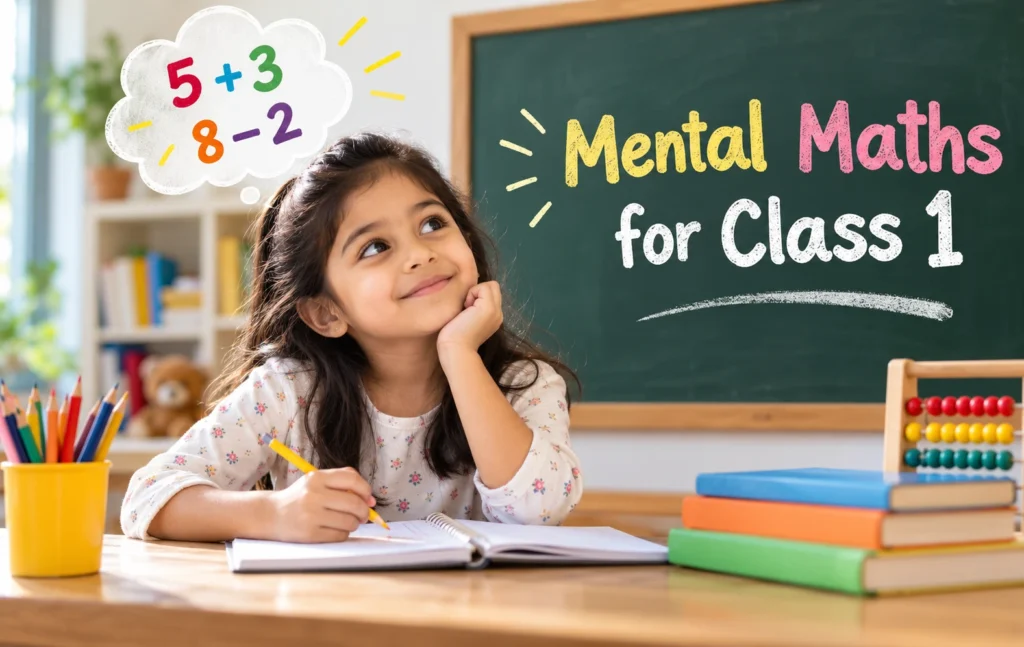 Grade 1 student practising mental maths for class 1 with simple addition and subtraction exercises in a classroom