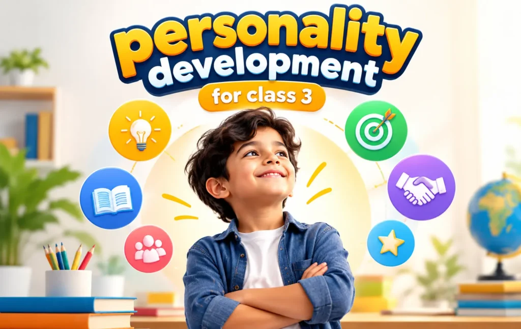 Personality development for class 3 with a confident child and colorful educational icons representing creativity, communication, teamwork, and learning.