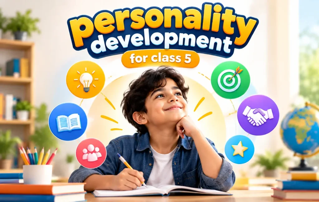 Personality development for class 5 featuring a confident schoolboy and colorful educational icons representing creativity, communication, teamwork, goal-setting, and personal growth.