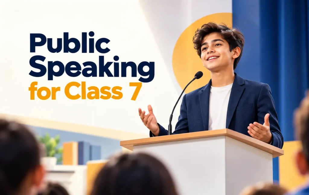 A confident student speaking at a podium, illustrating public speaking for Class 7 students.