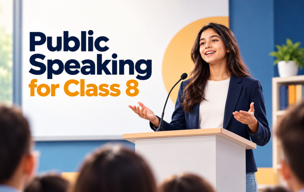 A confident teenage girl speaking at a podium in a classroom, illustrating public speaking for Class 8 students.