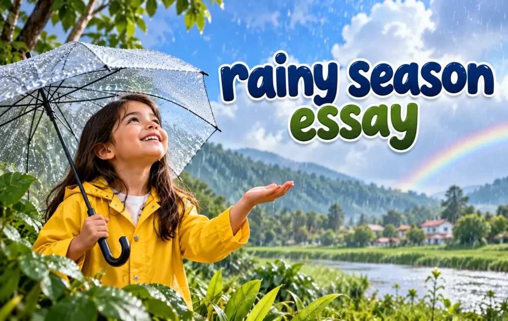 Rainy season essay illustration showing a beautiful rainy day with dark clouds, falling raindrops, greenery, and children enjoying the rain.