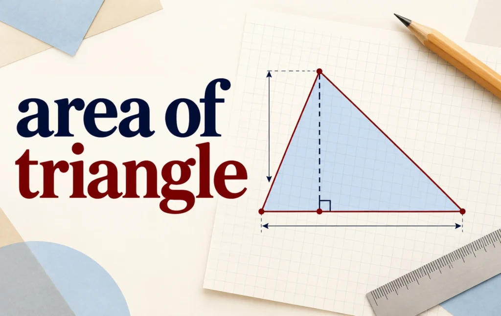 explaining the area of triangle with a geometric triangle diagram showing its base, perpendicular height, and measurement lines on graph paper