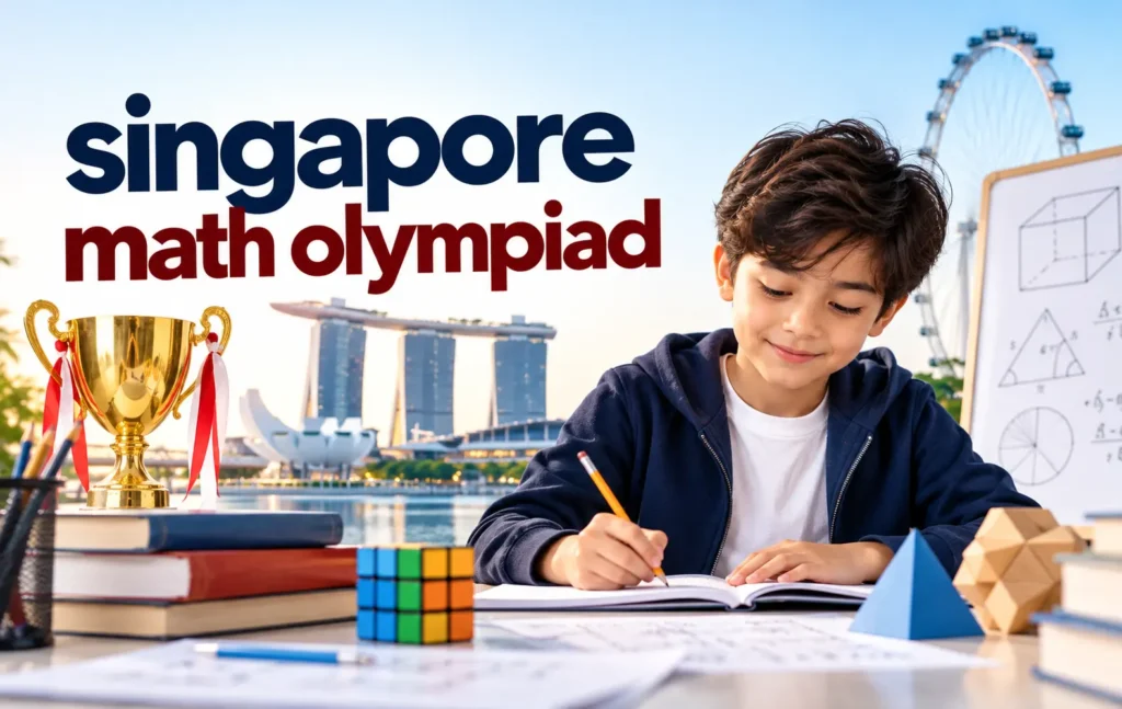 Singapore Math Olympiad with a young student solving math problems, geometric puzzles, and a trophy in Singapore.