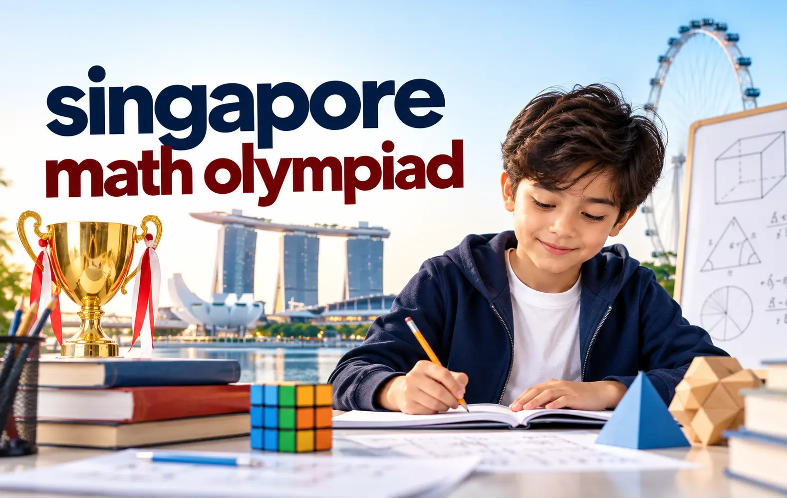 Singapore Math Olympiad with a young student solving math problems, geometric puzzles, and a trophy in Singapore.
