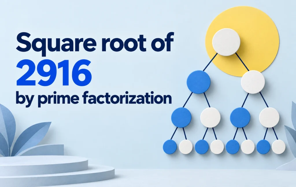 Square root of 2916 by prime factorization illustrated with a blue-and-white branching factor tree.