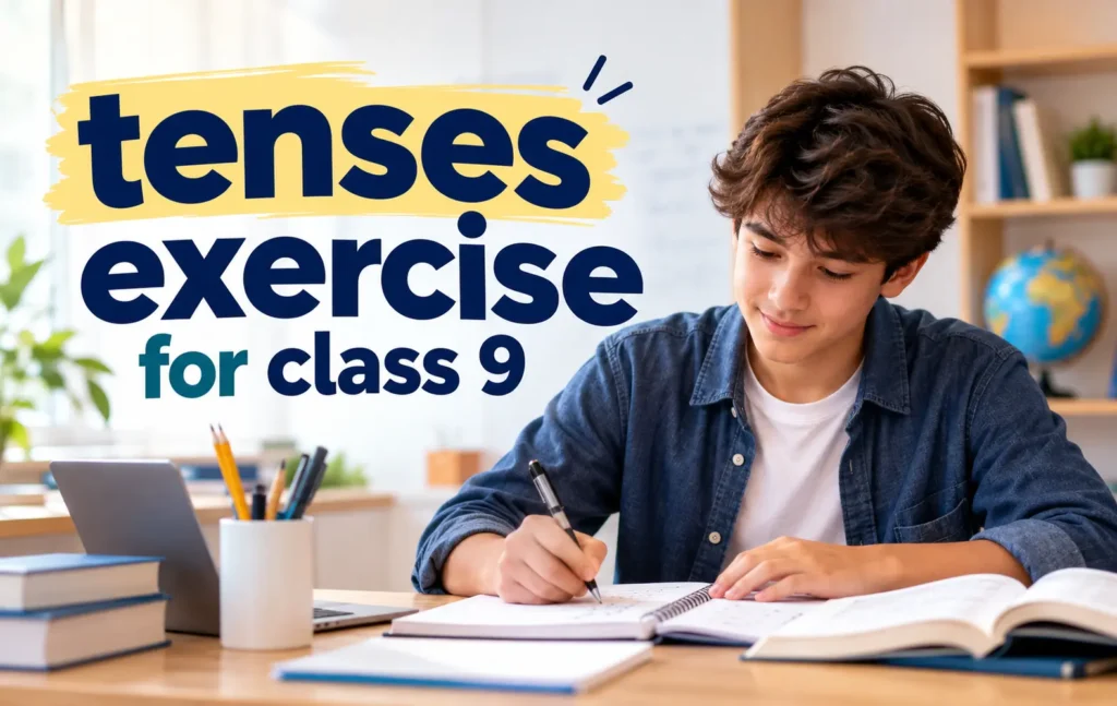 Tenses exercise for class 9 with a student practicing English grammar exercises at a study desk.