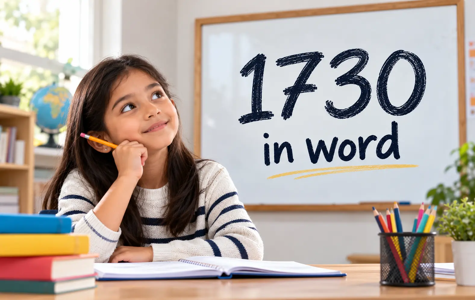 1730 in word educational graphic showing a student learning how to write the number 1730 in words.
