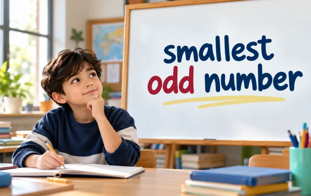 Smallest odd number explained with a student looking at a classroom whiteboard.
