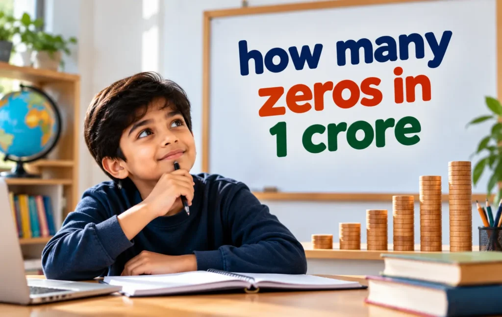 How many zeros in 1 crore, featuring a student learning number concepts in a classroom with stacks of coins.