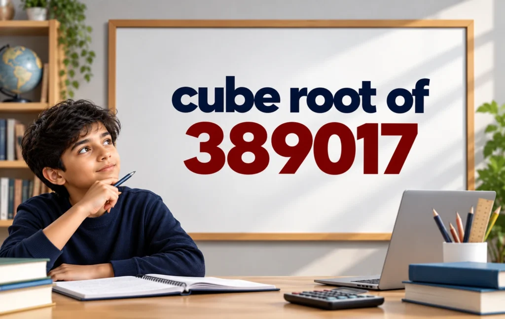 Educational image illustrating the cube root of 389017, featuring a student studying mathematics with a whiteboard, notebook, calculator, and laptop.