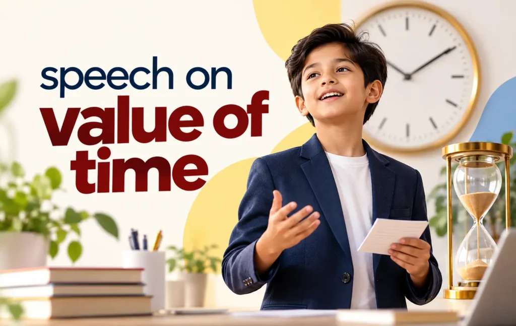 Speech on value of time with a confident schoolboy, clock, and hourglass illustrating the importance of time management.