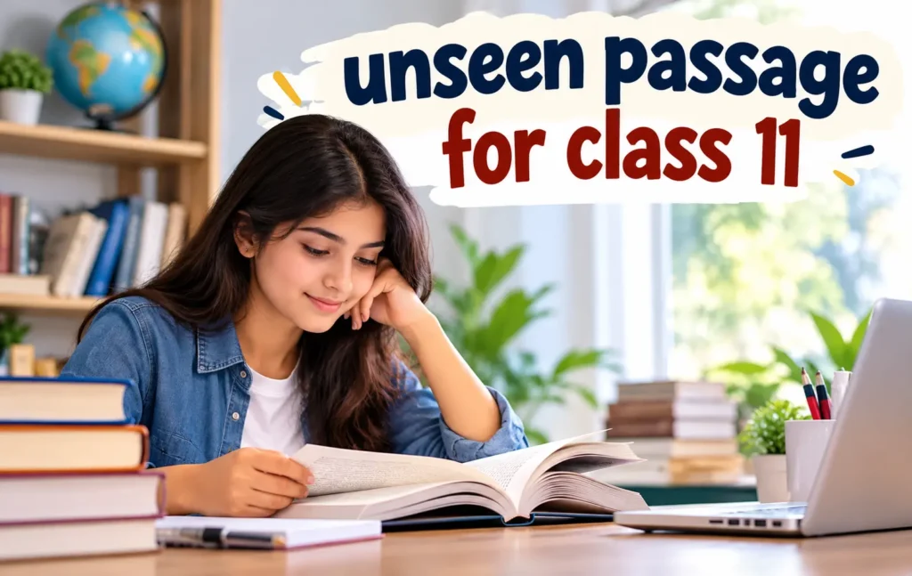 A Class 11 student reading a textbook at a study desk, illustrating unseen passage practice in English.