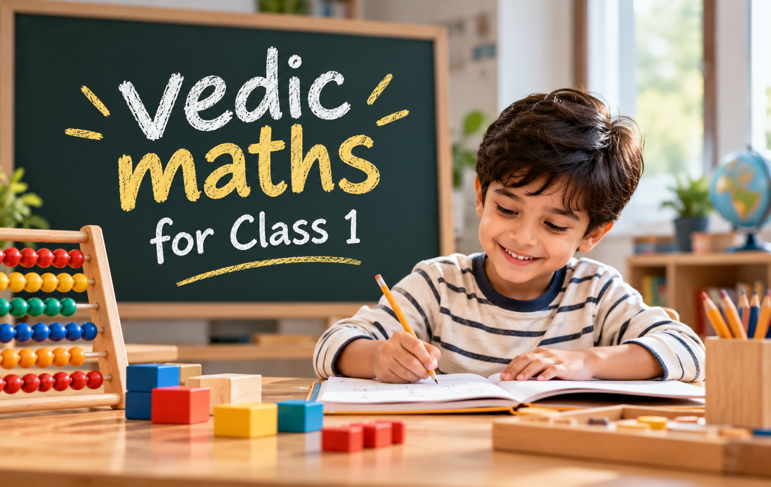 Vedic Maths for Class 1 with a young student learning mathematics using an abacus and colourful learning blocks.